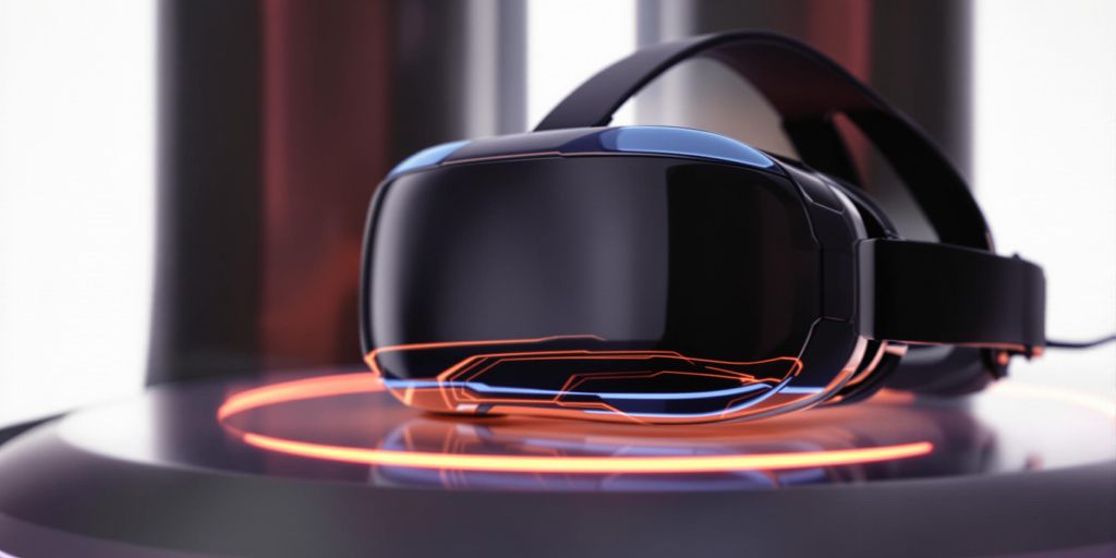 Sleek VR headset on glowing futuristic platform.