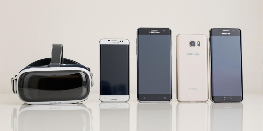 Samsung phones and Gear VR headset together.
