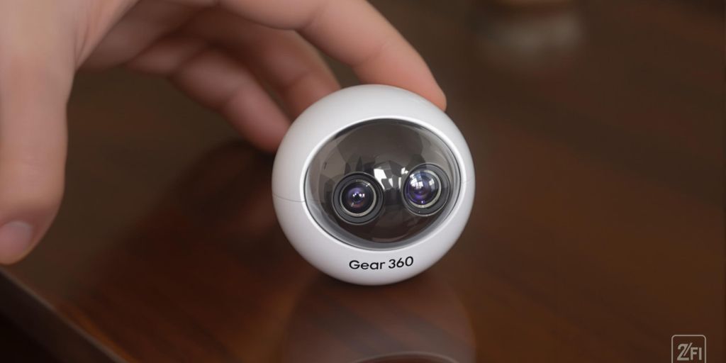 Samsung Gear 360 camera on table.