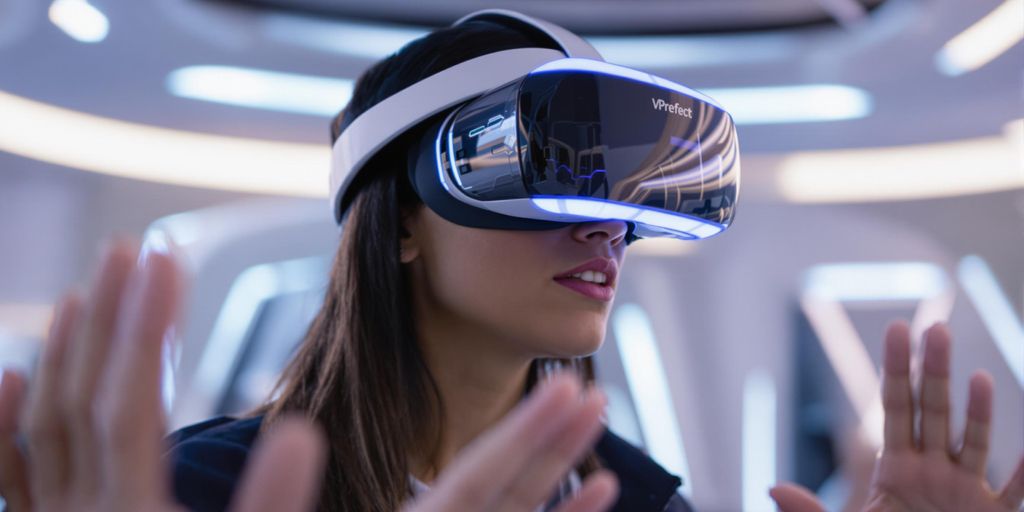 Person wearing sleek VR headset in futuristic room.