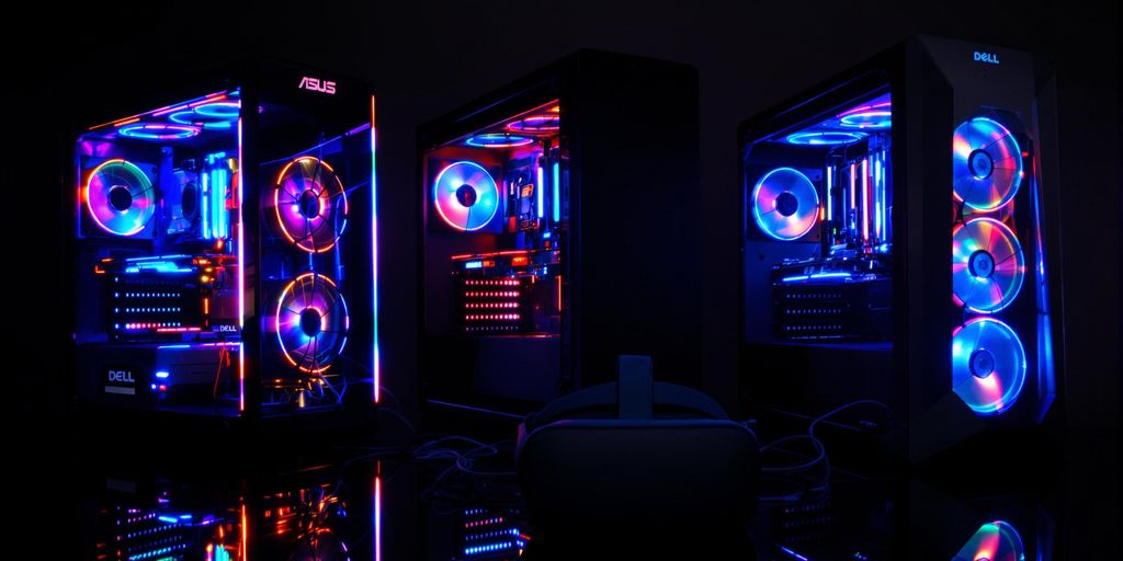 Three powerful gaming PCs next to an Oculus Rift.