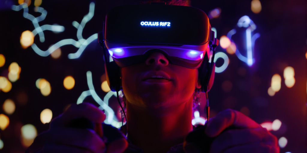 Gamer wearing Oculus Rift, holding controllers, focused on screen.